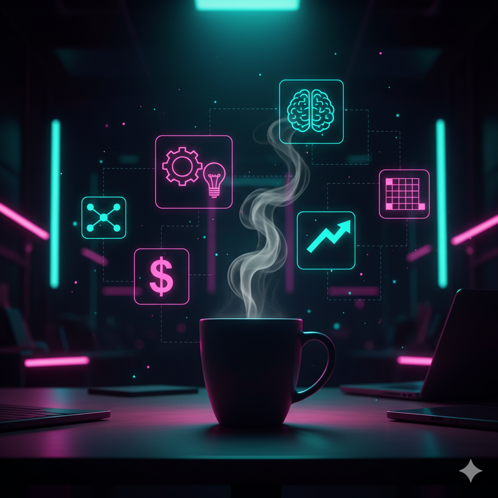 A steaming coffee cup on a desk surrounded by neon teal and magenta business icons representing strategy, financial intelligence, leadership, and growth.