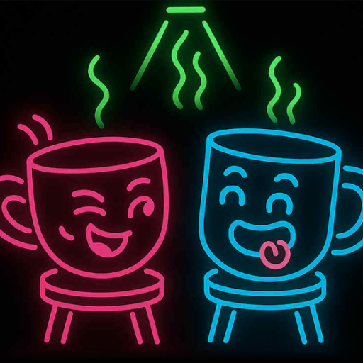 Neon illustration of a pink tea cup and blue coffee cup with playful faces, representing conversation, strategy, and community at Tea & Coffee Hub.