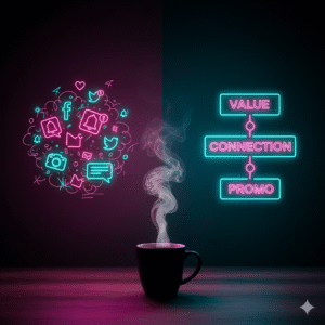 A steaming coffee cup sits between two neon visuals: chaotic social media icons on the left and a clear 7-2-1 content structure labeled Value, Connection, Promo on the right. Showing what most small businesses get wrong about social media