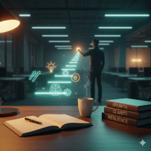 An open notebook and coffee cup sit on a desk with glowing icons of a brain, lightbulb, arrows, and gears, while a person in the background reaches toward a bright pathway symbolizing growth and mindset development.