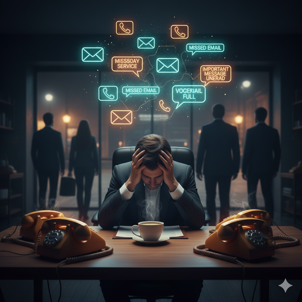 A stressed business owner sits at a desk surrounded by ringing phones and neon notifications of missed calls and emails, while potential clients walk away in the background.
