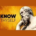 Classical statue of a thoughtful philosopher resting his chin on his hand, with bold text reading “Know Thyself” against a golden background.