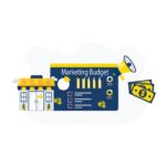 Illustration showing a small business storefront, marketing dashboard, megaphone, and money icons representing a structured marketing budget.