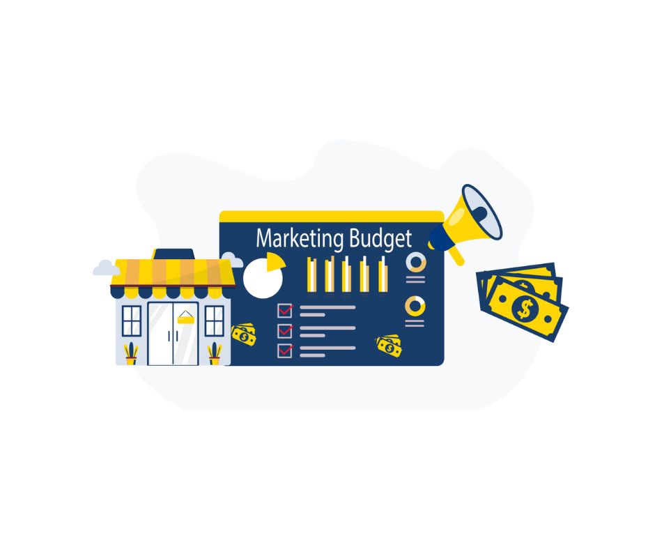 Illustration showing a small business storefront, marketing dashboard, megaphone, and money icons representing a structured marketing budget.