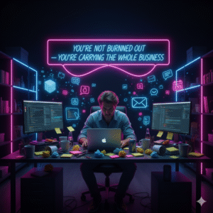 A stressed entrepreneur works late at a cluttered desk surrounded by glowing neon icons and a bright sign reading “You’re not burned out — you’re carrying the whole business,” representing overwhelm, burnout, and the pressure of running a small business alone.