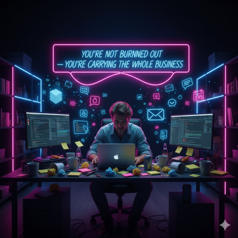 A stressed entrepreneur works late at a cluttered desk surrounded by glowing neon icons and a bright sign reading “You’re not burned out — you’re carrying the whole business,” representing overwhelm, burnout, and the pressure of running a small business alone.