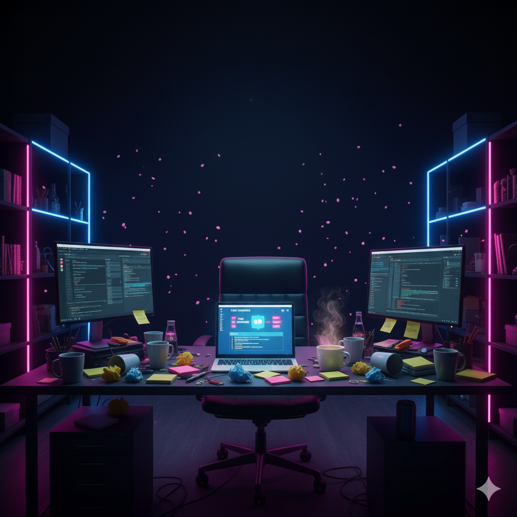 A neon-lit workspace with an empty office chair, three glowing computer screens, scattered sticky notes, coffee cups, and floating cherry blossom petals, symbolizing the moment an overwhelmed entrepreneur steps away to regain clarity.