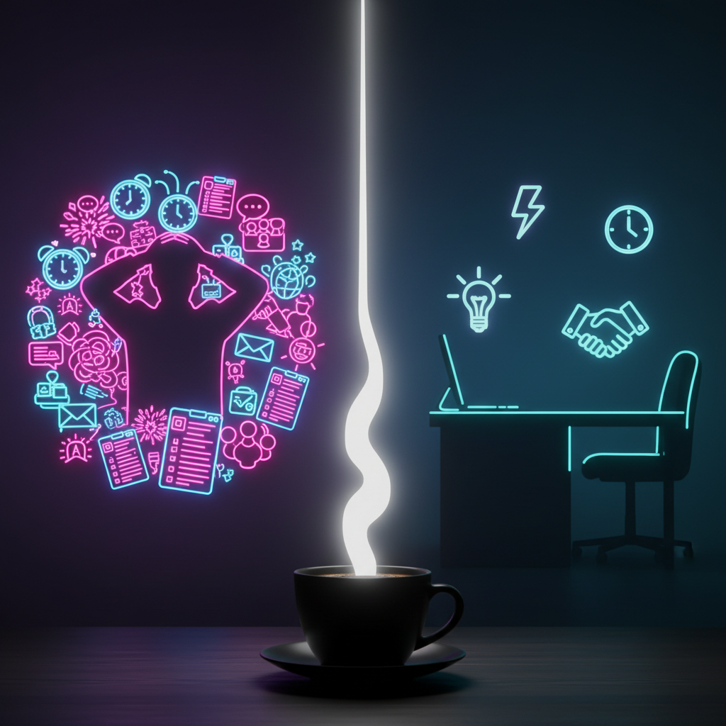 A steaming coffee cup sits at the bottom center, dividing a neon-lit scene. On the left, a stressed silhouette is surrounded by chaotic pink and blue icons representing overload—clocks, notifications, tasks, messages, and responsibilities. On the right, a calm workspace glows in teal with icons for clarity, time management, ideas, and collaboration. It is all about capacity management