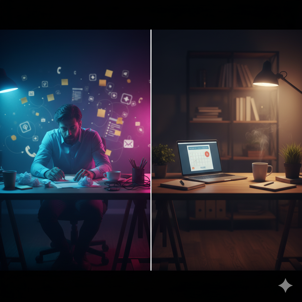 A split image showing an overwhelmed small business owner under neon lighting on the left, surrounded by chaotic digital notifications, and a calm, organized workspace with warm lighting on the right, representing the shift from unrealistic expectations to clarity.