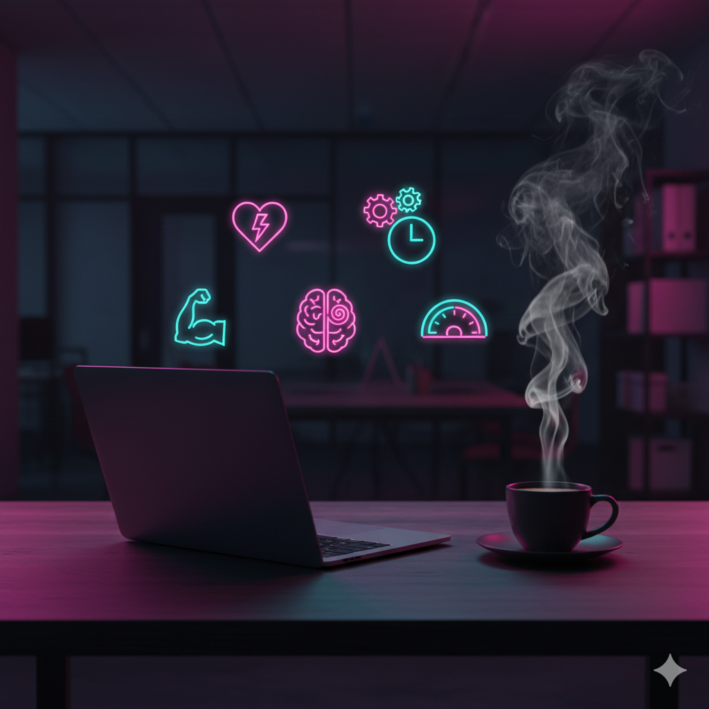 A steaming cup of coffee sits beside an open laptop in a dimly lit office with neon lighting. Floating neon icons above the desk represent capacity elements: emotional load (heart with lightning), strength, mental bandwidth (brain), time, productivity gears, and an energy gauge.
