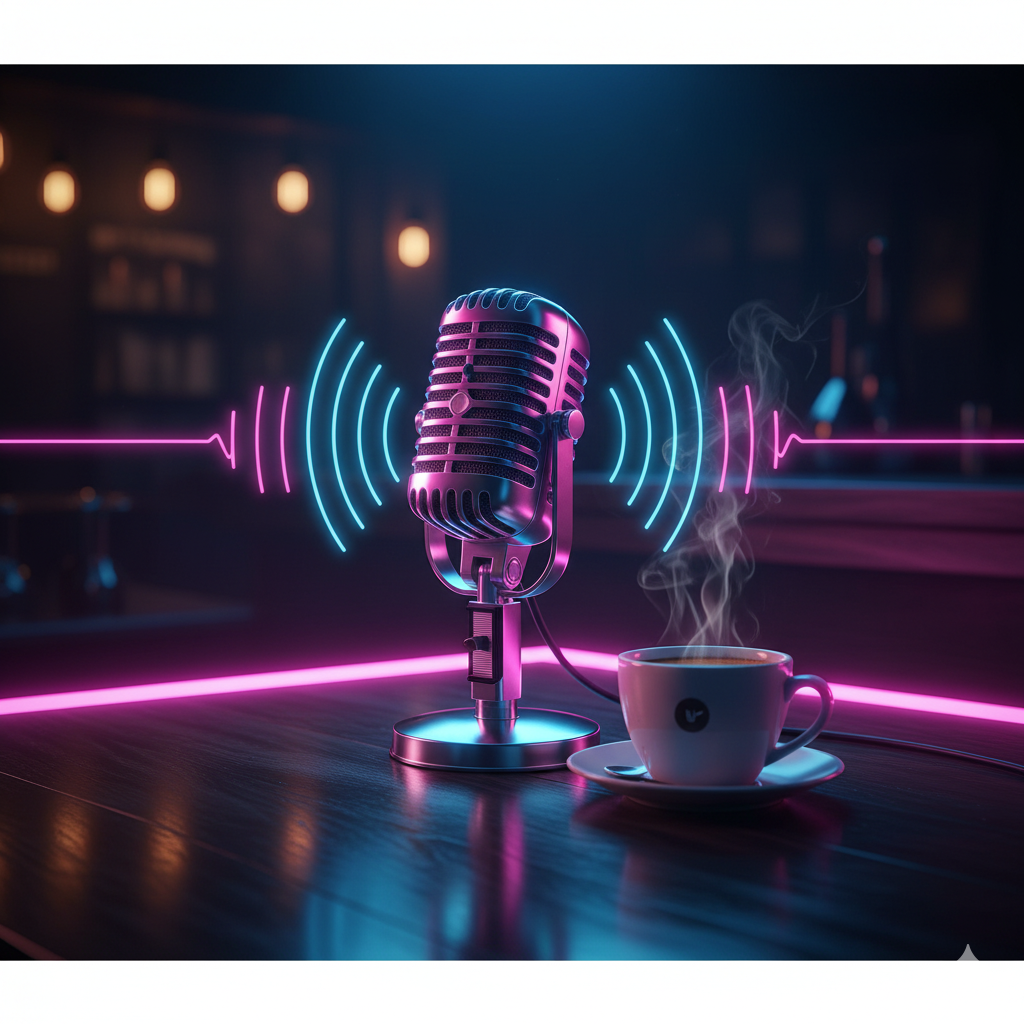 A retro-style microphone lit by neon pink and blue lights sits next to a steaming cup of coffee, with glowing soundwave graphics in the background, symbolizing a podcast recording environment.