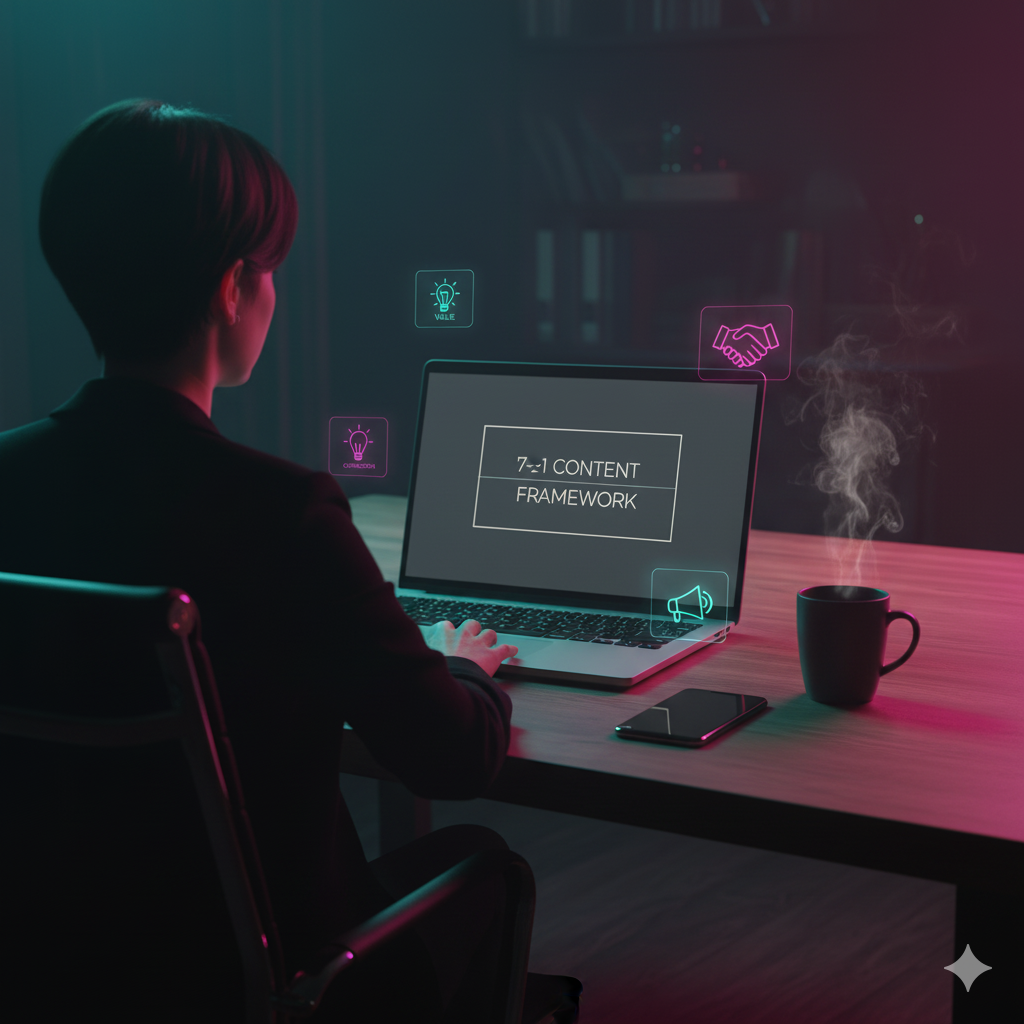 Person working on a laptop displaying the 7–2–1 content framework, surrounded by neon icons for value, connection, and promotion, with a steaming coffee cup beside them.