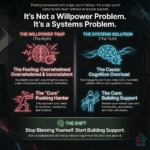 Infographic comparing willpower versus systems, showing that overwhelm and inconsistency are caused by cognitive overload and lack of support systems, not personal failure and that you're not lazy