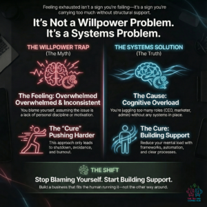 Infographic comparing willpower versus systems, showing that overwhelm and inconsistency are caused by cognitive overload and lack of support systems, not personal failure and that you're not lazy