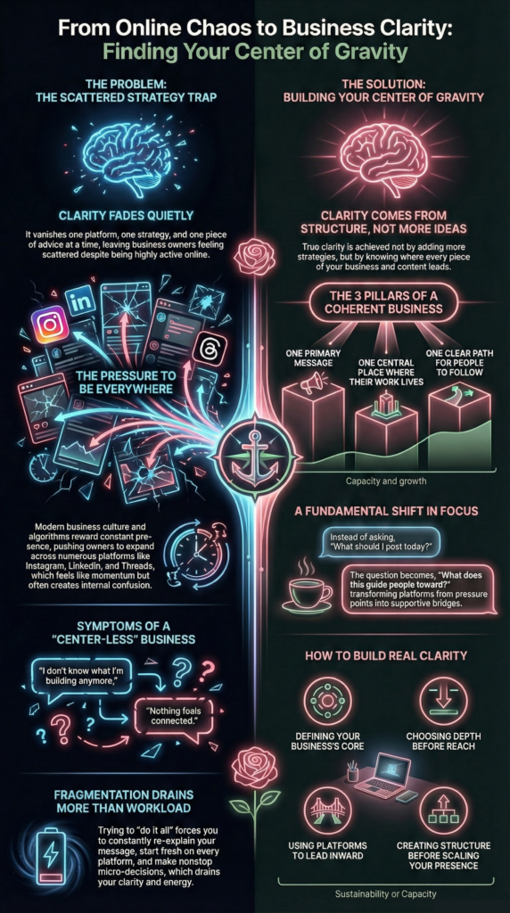 Infographic showing the shift from scattered online activity to a centered business strategy using a clear home base, focused messaging, and structured content flow.