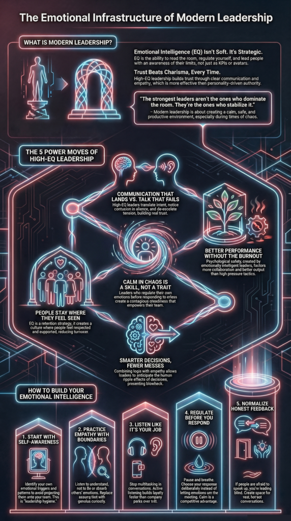 Infographic explaining the emotional infrastructure of modern leadership, outlining what emotional intelligence is, why trust beats charisma, the five power moves of high-EQ leaders, and practical steps to build emotional intelligence such as self-awareness, empathy with boundaries, active listening, emotional regulation, and honest feedback.