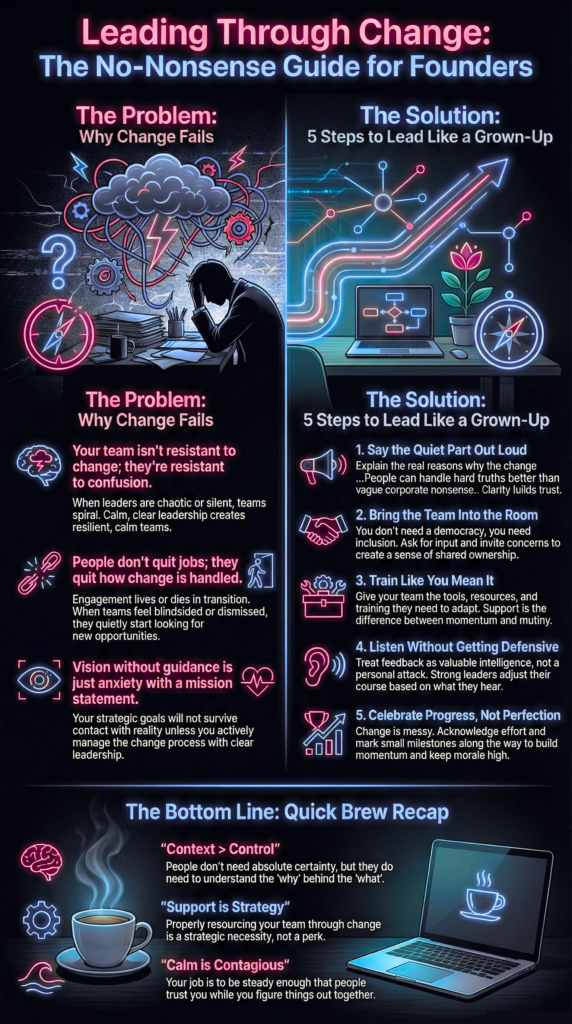 A neon infographic titled “Leading Through Change: The No-Nonsense Guide for Founders.” The left side illustrates why change fails, showing a stressed leader surrounded by chaotic symbols and text explaining confusion, disengagement, and lack of guidance. The right side outlines five steps to lead change effectively, including clear communication, team inclusion, proper training, listening to feedback, and celebrating progress. The design features glowing icons, coffee imagery, and a structured split layout.
