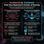 Scattered vs centered business strategy comparison showing fragmented social media effort versus a clear home base that creates clarity, direction, and sustainable growth.