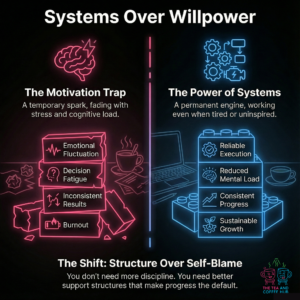 Motivation vs systems comparison showing how systems reduce cognitive load and support sustainable business growth