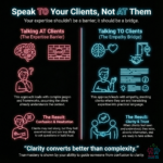 Comparison graphic showing the difference between talking at clients using expert jargon versus talking to clients with empathy, highlighting how clear communication builds trust and business communication clarity.