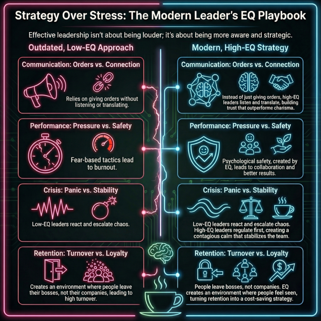 Side-by-side infographic comparing outdated low-EQ leadership with modern high-EQ leadership, showing differences in communication, performance, crisis response, and employee retention. The modern EQ approach emphasizes connection, psychological safety, calm leadership, and loyalty.