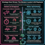Side-by-side infographic comparing outdated low-EQ leadership with modern high-EQ leadership, showing differences in communication, performance, crisis response, and employee retention. The modern EQ approach emphasizes connection, psychological safety, calm leadership, and loyalty.