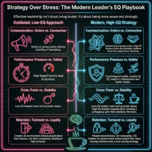Side-by-side infographic comparing outdated low-EQ leadership with modern high-EQ leadership, showing differences in communication, performance, crisis response, and employee retention. The modern EQ approach emphasizes connection, psychological safety, calm leadership, and loyalty.