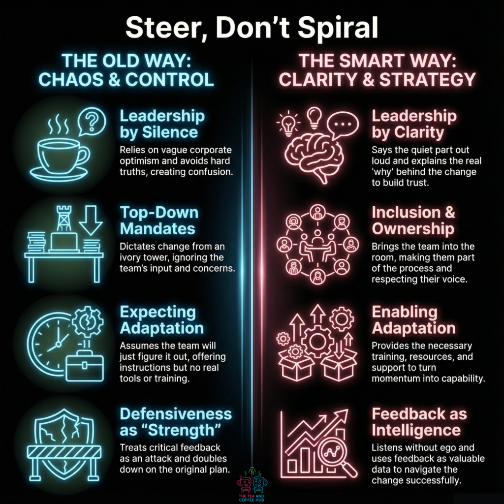 A neon-style comparison graphic titled “Steer, Don’t Spiral.” The left side shows “The Old Way: Chaos & Control,” highlighting leadership by silence, top-down mandates, lack of training, and defensiveness. The right side shows “The Smart Way: Clarity & Strategy,” emphasizing leadership by clarity, inclusion and ownership, enabling adaptation through support, and using feedback as intelligence. The design uses glowing icons, coffee imagery, and a split-screen layout.