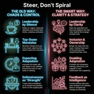 A neon-style comparison graphic titled “Steer, Don’t Spiral.” The left side shows “The Old Way: Chaos & Control,” highlighting leadership by silence, top-down mandates, lack of training, and defensiveness. The right side shows “The Smart Way: Clarity & Strategy,” emphasizing leadership by clarity, inclusion and ownership, enabling adaptation through support, and using feedback as intelligence. The design uses glowing icons, coffee imagery, and a split-screen layout.