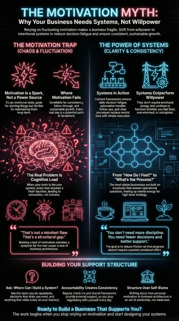 The motivation myth infographic explaining why systems and capacity management create consistency in business instead of relying on willpower or motivation.