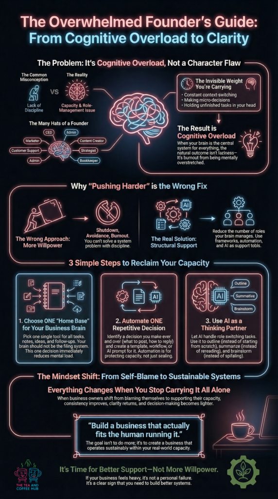 Infographic explaining how cognitive overload and poor capacity management cause burnout in founders, comparing willpower myths to systems and structural support solutions.
