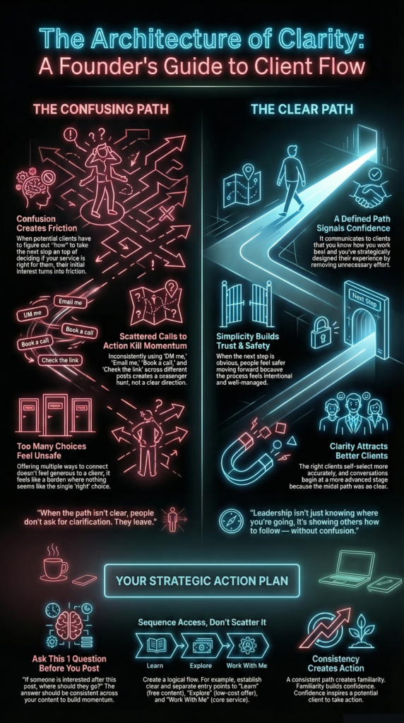 Long infographic showing the difference between a confusing client journey with scattered calls to action and a clear, structured path that guides clients step by step.