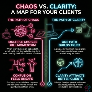 Illustration comparing chaos versus clarity in client journeys, showing multiple confusing contact options versus one clear path to work with you that builds trust and momentum.