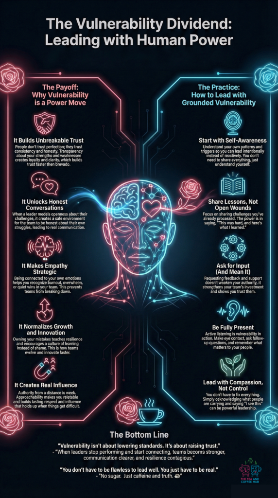 Detailed neon infographic showing the payoff and practice of vulnerability in leadership, including trust-building, honest communication, empathy, growth, and grounded leadership habits.