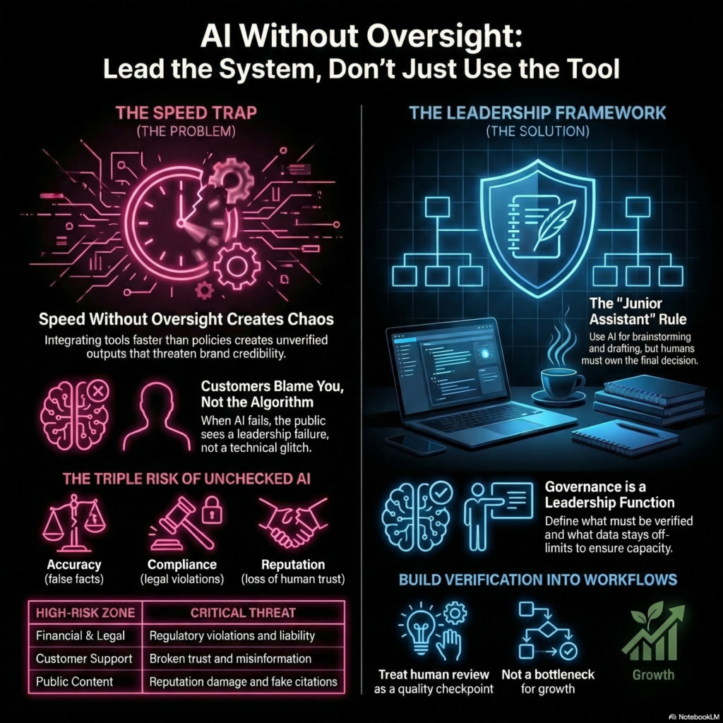 Infographic showing the dangers of using AI without oversight and a leadership framework for responsible AI adoption including verification workflows and the junior assistant rule.