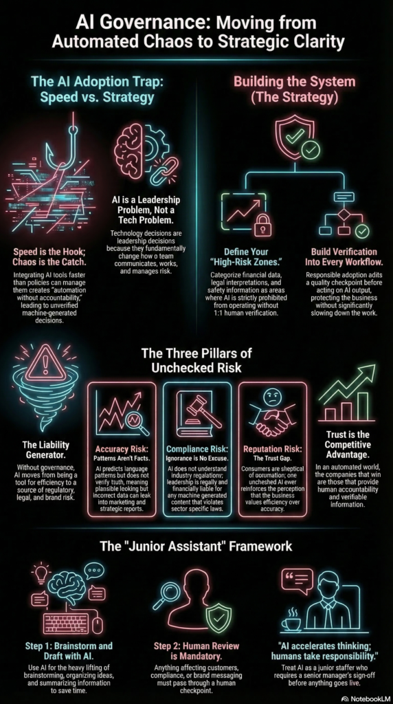 Infographic explaining AI governance for businesses, showing risks of unchecked AI like accuracy, compliance, and reputation issues, plus a leadership framework for responsible AI oversight.