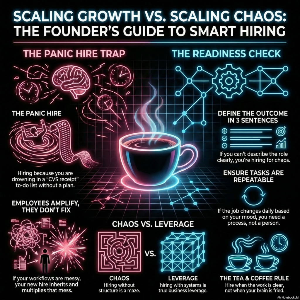 Neon-style infographic illustrating the difference between panic hiring and strategic hiring, highlighting repeatable tasks, defined roles, and system-driven team growth.