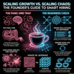 Neon-style infographic illustrating the difference between panic hiring and strategic hiring, highlighting repeatable tasks, defined roles, and system-driven team growth.