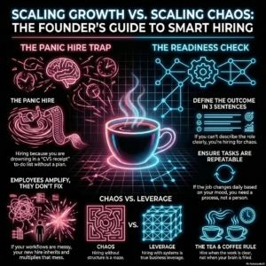 Neon-style infographic illustrating the difference between panic hiring and strategic hiring, highlighting repeatable tasks, defined roles, and system-driven team growth.