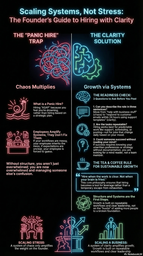 Infographic comparing the panic hiring trap versus strategic hiring systems, showing how clear processes and repeatable tasks help founders scale teams without multiplying chaos.