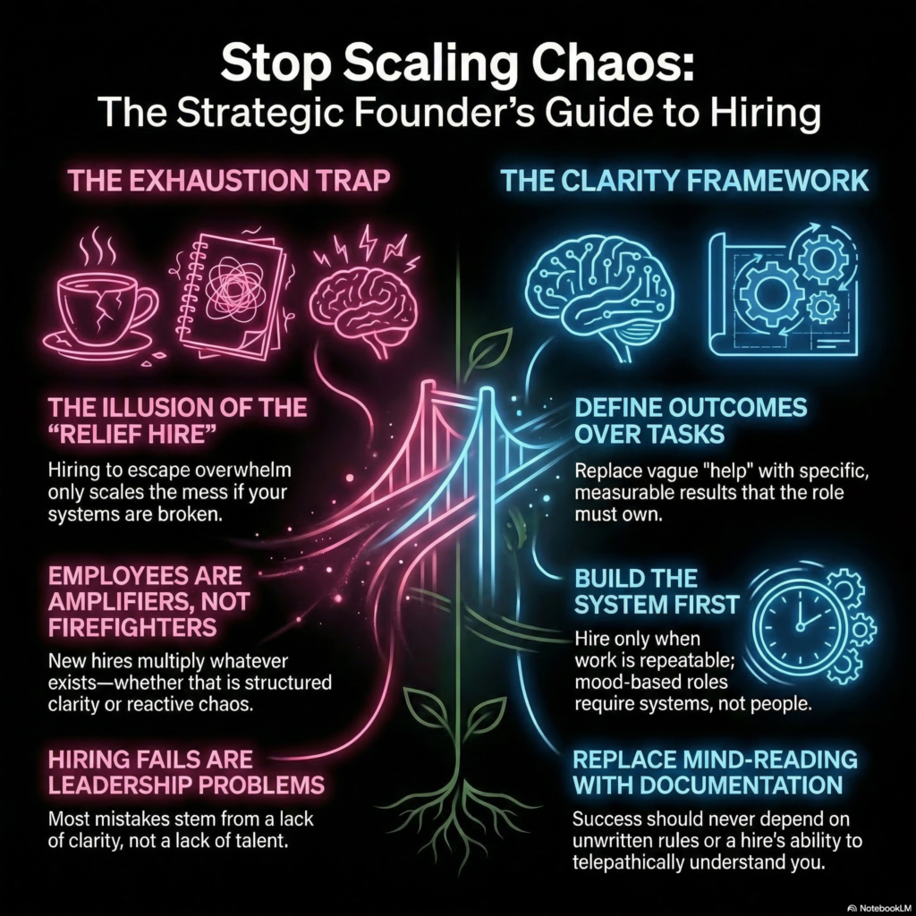 Infographic explaining why founders hire the wrong way and how leadership clarity, repeatable systems, and defined outcomes lead to better hiring decisions. hiring systems for small business