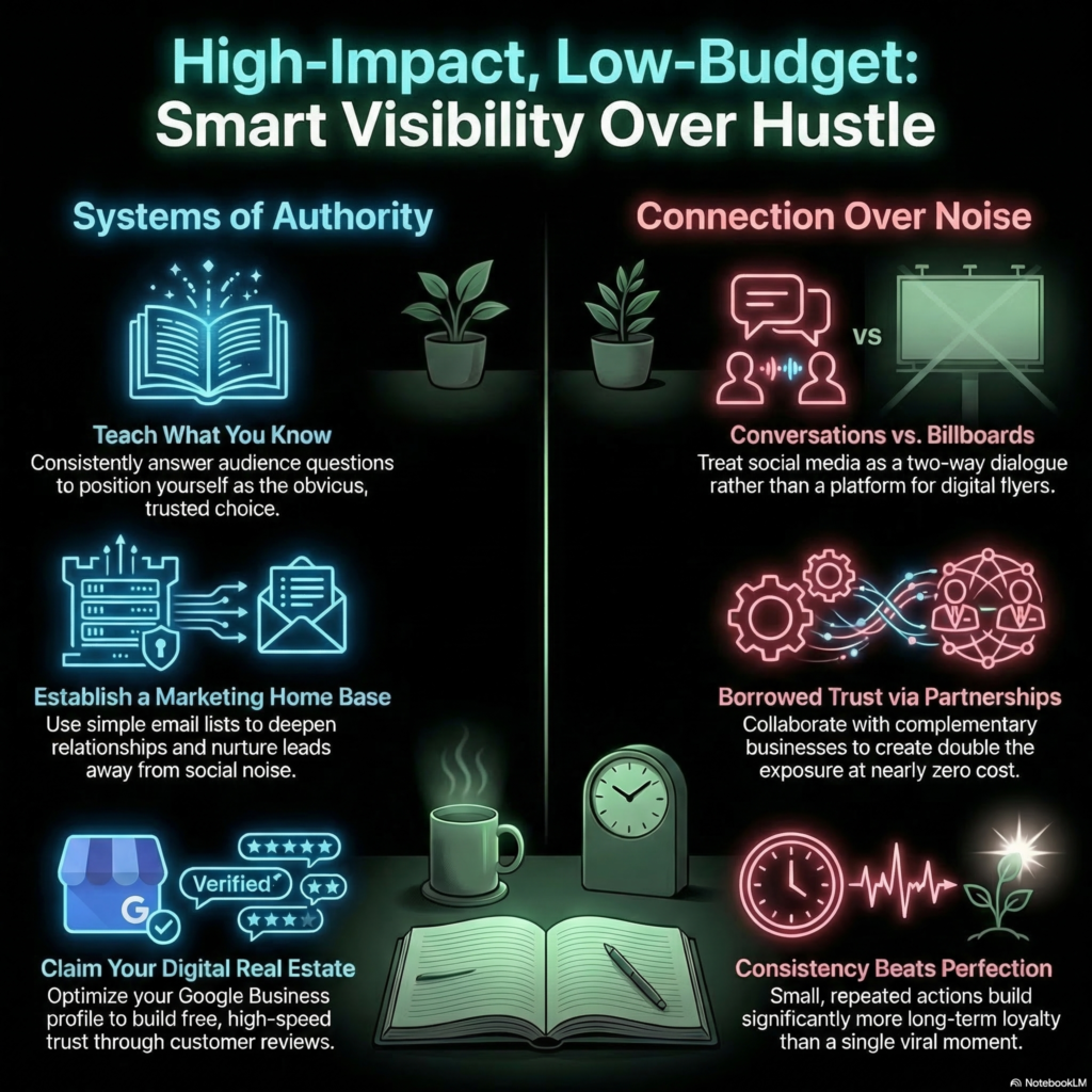 Infographic showing high-impact low-budget marketing strategies including teaching what you know, building email lists, social media conversations, partnerships, Google Business optimization, and consistent marketing systems.