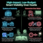 Infographic showing high-impact low-budget marketing strategies including teaching what you know, building email lists, social media conversations, partnerships, Google Business optimization, and consistent marketing systems.