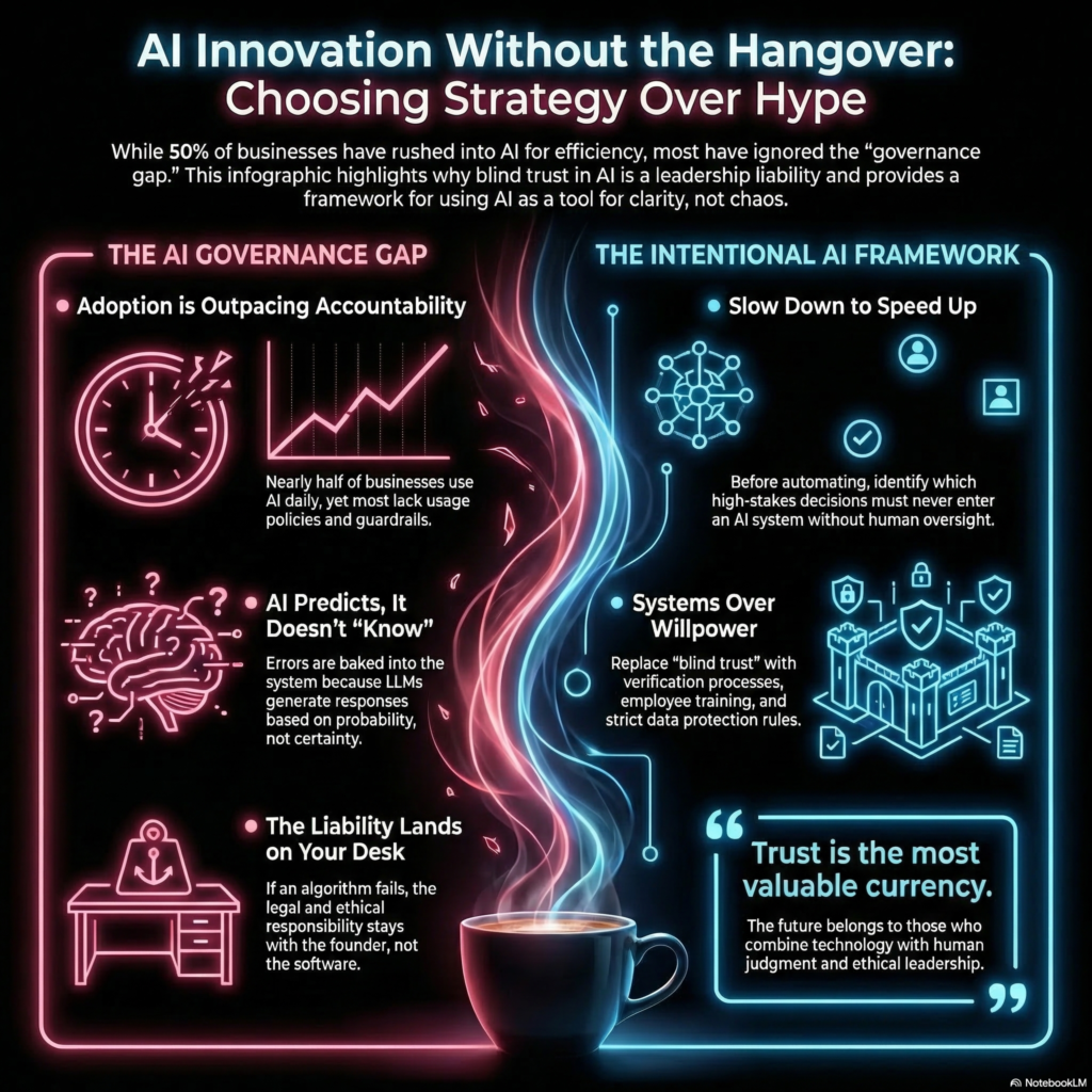 Infographic explaining AI adoption governance risks for businesses, showing the AI governance gap, how AI predicts rather than knows, leadership liability, and a framework for responsible AI strategy and oversight.