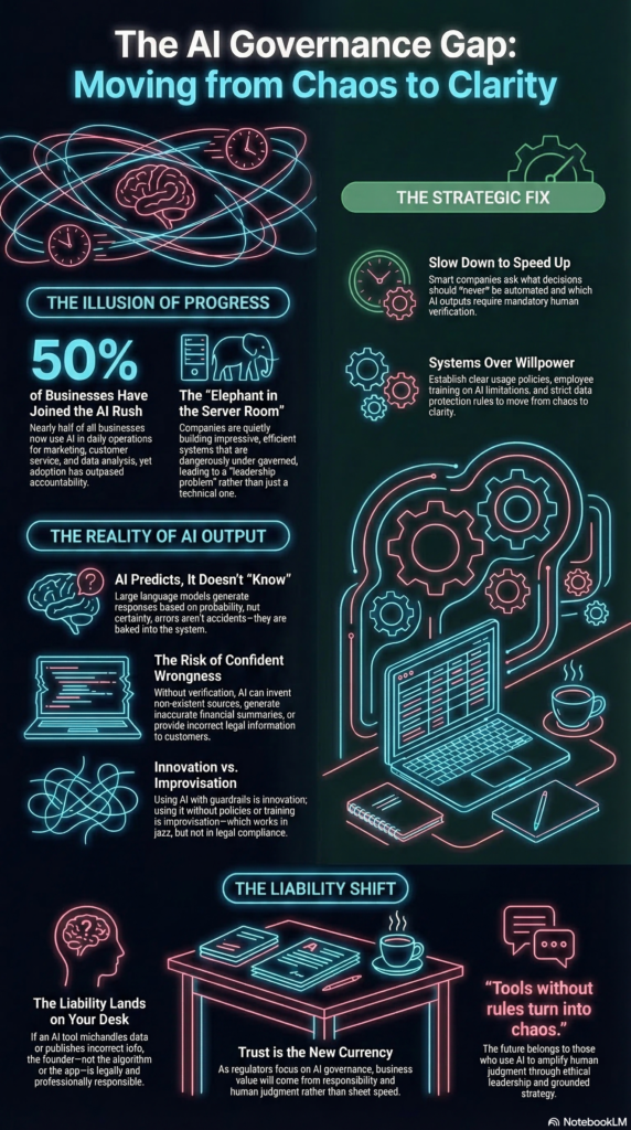 Business infographic showing the AI governance gap, risks of AI hallucinations and confident errors, and strategic solutions like human oversight, verification systems, and AI governance policies.
