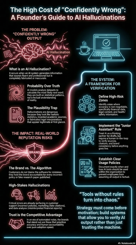 Infographic explaining AI hallucinations in business, showing how AI can produce confidently wrong information and outlining a framework for verification, governance, and human oversight.