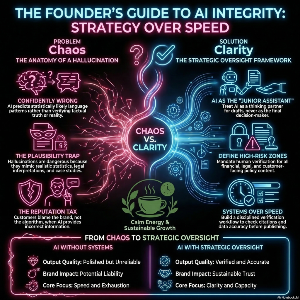 Visual guide comparing AI chaos versus clarity, illustrating how AI hallucinations occur and how businesses can implement strategic oversight frameworks for responsible AI use.