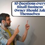 Man wearing glasses and a denim jacket points at a bordered speech bubble that reads: '10 Questions every Small Business Owner Should Ask Themselves'.