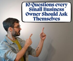 10 Questions - - Man wearing glasses and a denim jacket points at a bordered speech bubble that reads: '10 Questions every Small Business Owner Should Ask Themselves'.