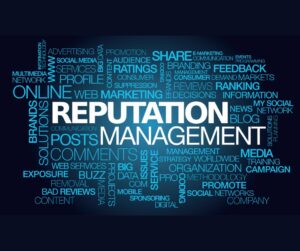 Online reputation - - Word cloud centered on reputation management terminology, with the phrase REPUTATION MANAGEMENT in white and blue keywords around it (online marketing theme).